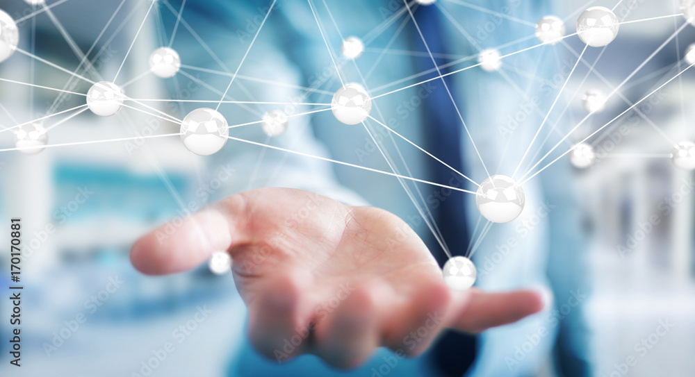Poster businesman using flying network balls connection 3d rendering