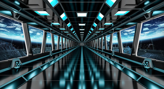Spaceship corridor with view on the planet Earth 3D rendering elements of this image furnished by NASA