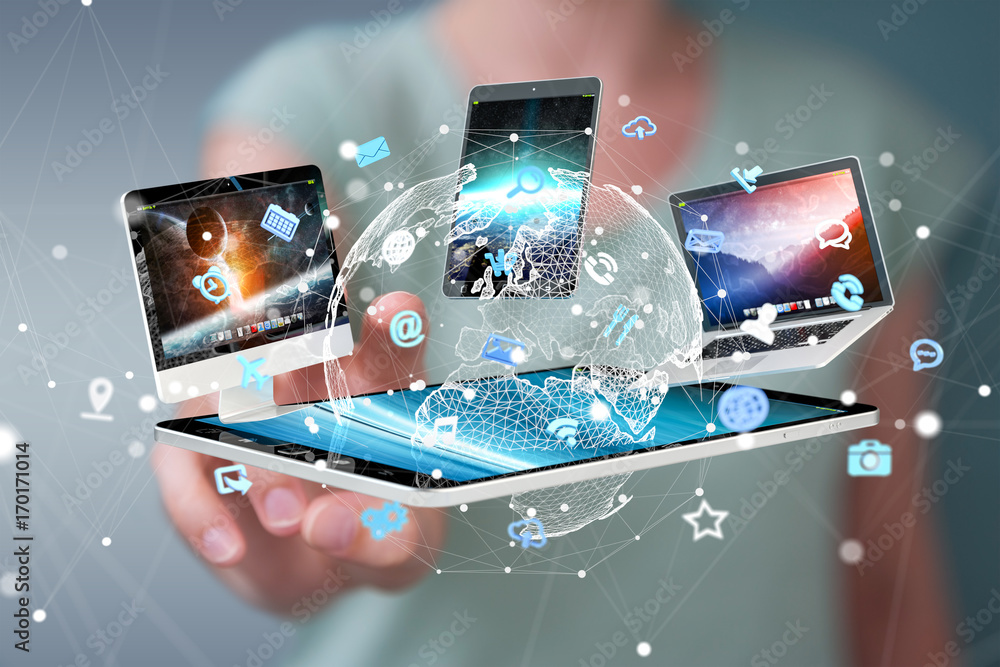 Poster tech devices connected to each other by businesswoman 3d rendering