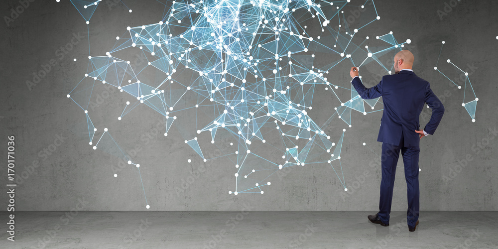 Poster Businessman using connection network on a wall 3D rendering