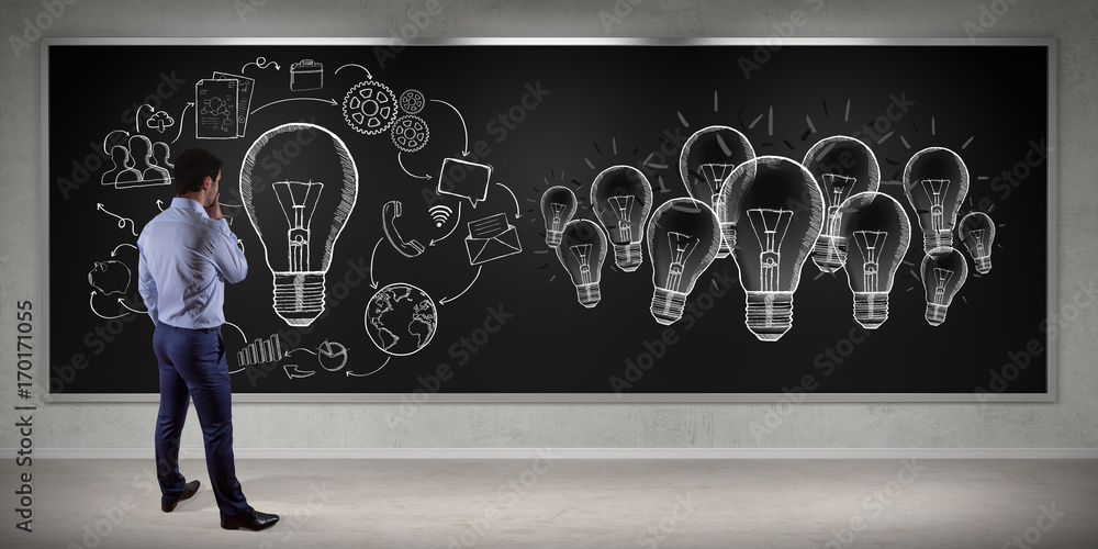 Aufkleber businessman watching innovation sketch on a board 3d rendering