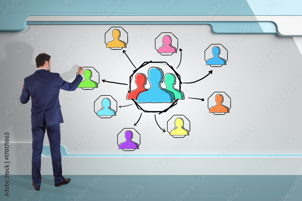 Poster businessman drawing social network sketch on a board 3d rendering