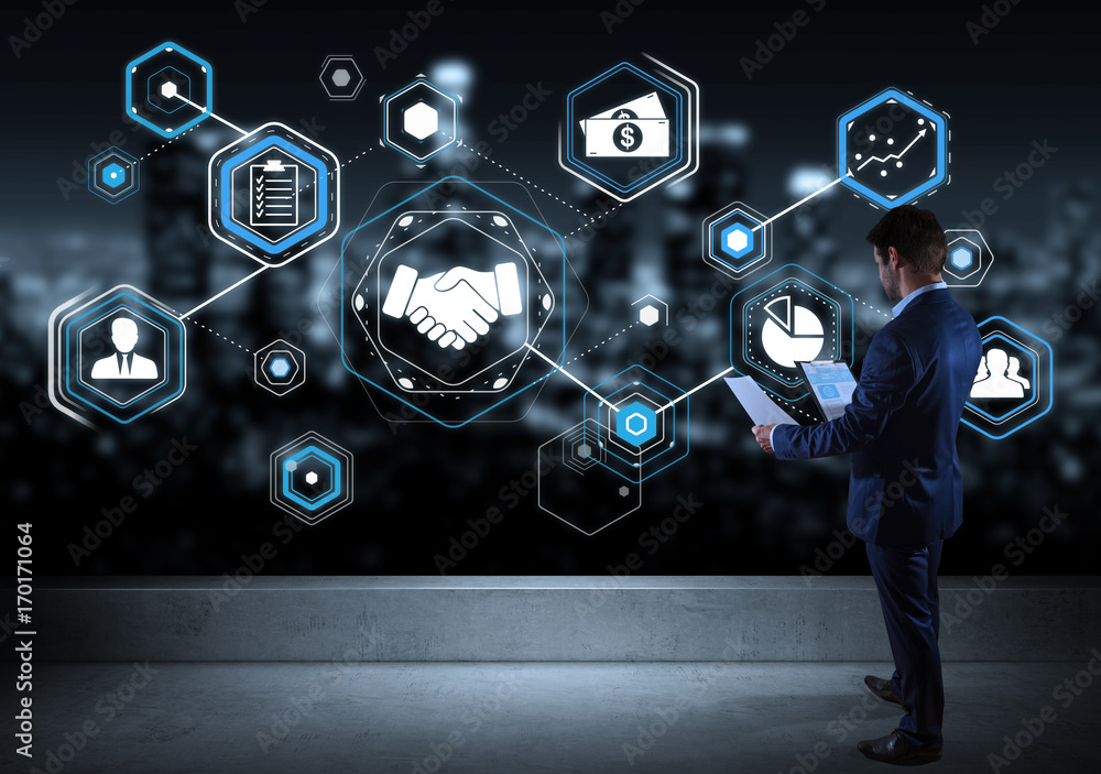 Aufkleber businessman watching partnership interface on a rooftop 3d rendering