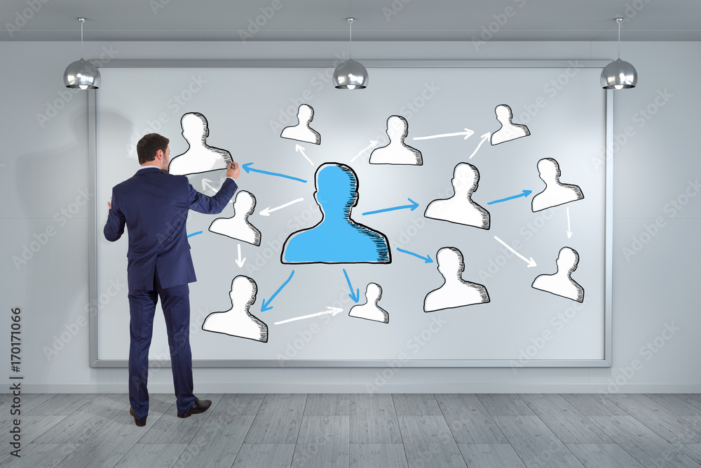 Aufkleber businessman drawing social network sketch on a board 3d rendering