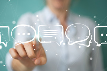 Businesswoman holding and touching discussion icons sketch