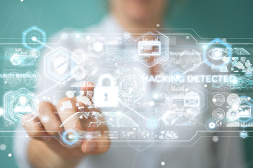 Businesswoman hacking security system 3D rendering