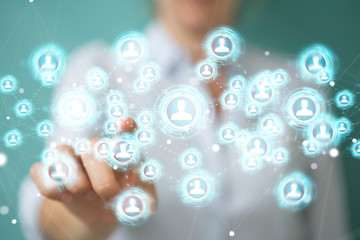 Businesswoman using social network interface 3D rendering