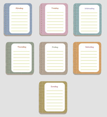 The coloful sheets of the planner for weekly planning with the names of the days of the week and brick texture. Diary.Vector illustration. 