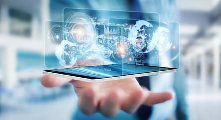 Hologram screen with digital datas used by businessman 3D rendering