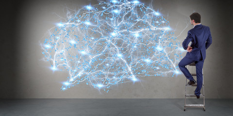 Businessman using digital brain interface on a wall 3D rendering