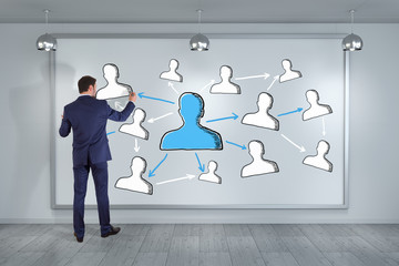Businessman drawing social network sketch on a board 3D rendering