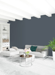 Modern loft interior bedroom or living room with eclectic wall with space. 3D rendering.