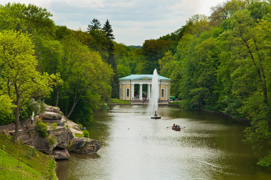 Beautiful view on the lake and fountain in Sofiyivsky Park in Uman, Ukraine