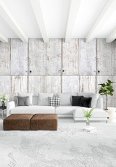 Modern loft interior bedroom or living room with eclectic wall with space. 3D rendering.
