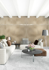 Modern loft interior bedroom or living room with eclectic wall with space. 3D rendering.