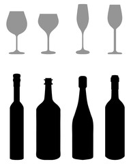 Black silhouettes of glasses and bottles on a white background