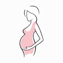 Obraz na płótnie Canvas Drawing linear beautiful pregnant girl in pink clothes. Birth of a child. Vector graphic illustration of draw silhouettes for design.