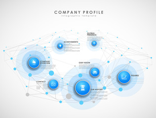 Company profile overview template with blue circles and dots - light version.