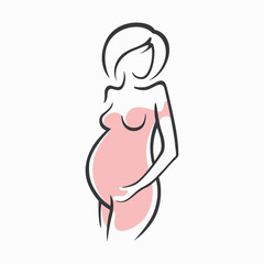 Drawing linear beautiful pregnant girl in pink clothes. Birth of a child. Vector graphic illustration of draw silhouettes for design.