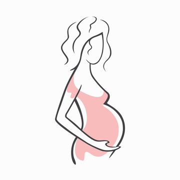 Drawing linear beautiful pregnant girl in pink clothes. Birth of a child. Vector graphic illustration of draw silhouettes for design.