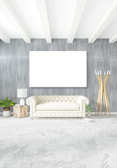 Vertical modern interior bedroom or living room with eclectic wall and empty frame for copyspace drawing. 3D rendering