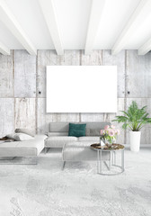 Vertical modern interior bedroom or living room with eclectic wall and empty frame for copyspace drawing. 3D rendering