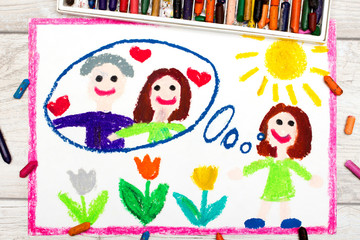 Photo of colorful drawing: young girl dreaming about happy relationship and big love