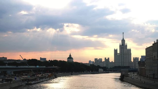 Moscow State University long distance view from the bridge across the Moskva river with sunshine morning light