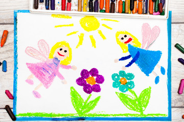 Photo of colorful drawing: Charming fairies and flowers. Magical land