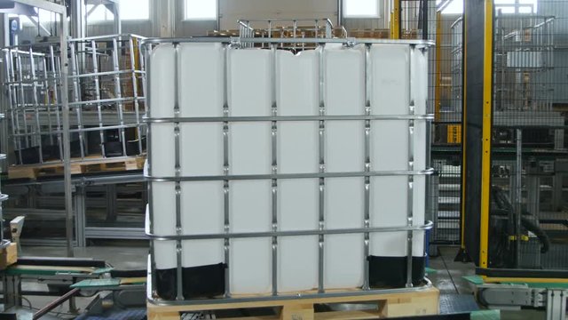 Finished Intermediate Bulk Container Rotates on Pallet