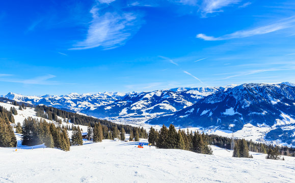 On the slopes of the ski resort Brixen im Thalef. Tyrol, Austria