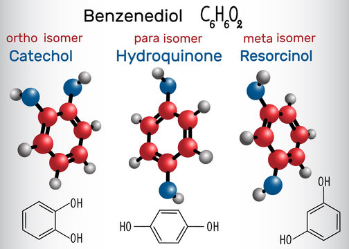 Catechol, resorcinol , hydroquinone  molecule - structural chemical formula and model.