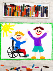 Photo of colorful drawing: Smiling boy sitting on his wheelchair. Disabled boy with a friend