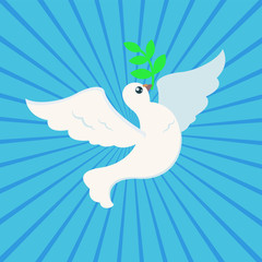 White Peace dove with olive branch for International Peace Day poster on ray background