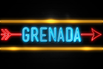 Grenada   - fluorescent Neon Sign on brickwall Front view