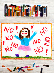 Photo of colorful drawing: Little girl screaming the word NO