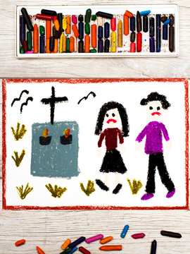Photo of colorful drawing: Sad couple and grave.
