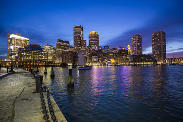 Boston Skyline from Downtown Harborwalk at Night 