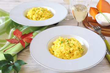 Saffron risotto with cheese and white wine