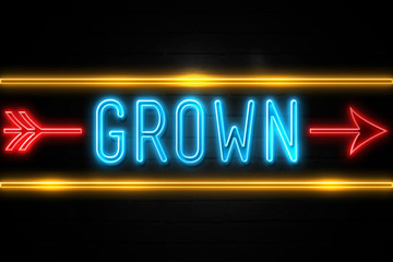 Fototapeta premium Grown - fluorescent Neon Sign on brickwall Front view