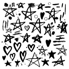 Set of hand drawn stars and hearts. Grunge elements. Brush strok - 170179841