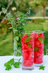 Detox water with watermelon and mint. Watermelon drink in glasses with slices of watermelon.