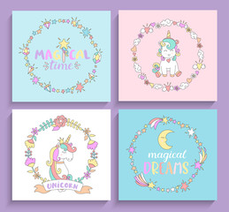 Set of magical unicorns cards.