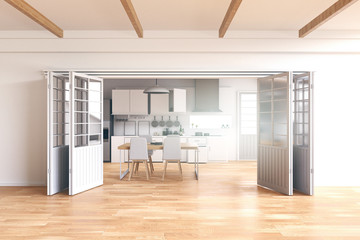 3D Rendering : illustration of Interior of new white kitchen with kitchenware and clean wooden tiles white floor and white wall. interior of condo or home with kitchen zone. opened door to kitchen
