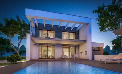3d rendering of modern house at night