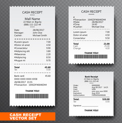 Set Paper check, reciept and financial-check isolated on transparent background. Printed receipt records sale of goods or provision of a service. Bill atm template with barcode. Vector illustration