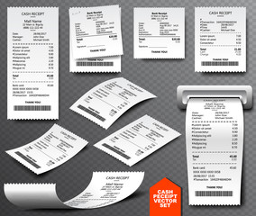 Cash register sale receipt printed on thermal rolled paper. Realistic image collection isolated on transparent background. Financial atm transaction check icon vector illustration