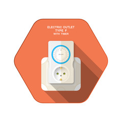 Vector isolated icon of electric socket type F with mechanical timer insert in outlet on the red hexagon background with shadow for use in Europe.