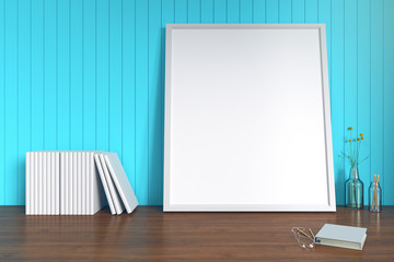 3D Rendering : Illustration of white picture frame mock up on a wooden desk. Mock up white poster interior hipster design. pastel color wooden tile wall. clipping path included