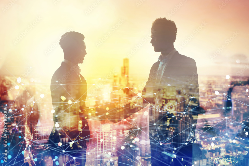 Poster handshake of two businessperson in office with network effect. concept of partnership and teamwork